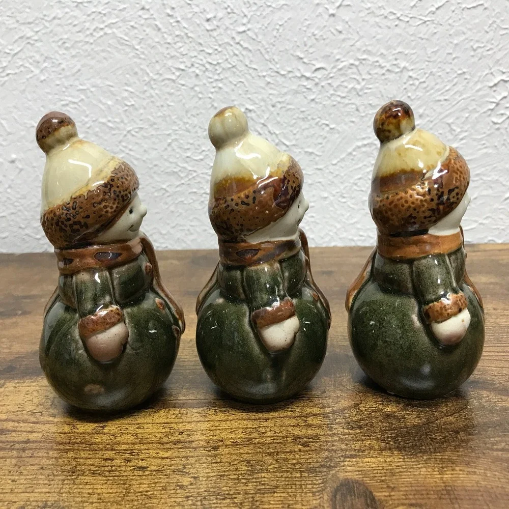Ceramic Glazed Snowmen Lot of 3 Green‎ Brown Christmas 4.5